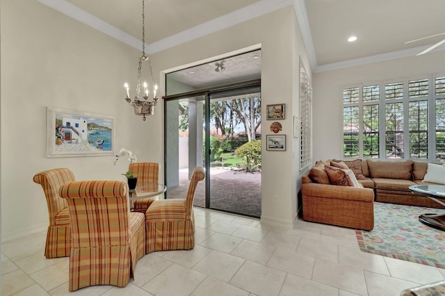 interior space featuring plenty of natural light, crown molding, and light tile patterned flooring