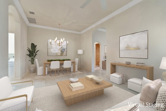 living room featuring a notable chandelier, a towering ceiling, and crown molding