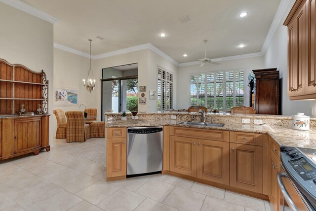 kitchen featuring light stone countertops, sink, stainless steel appliances, backsplash, and crown molding