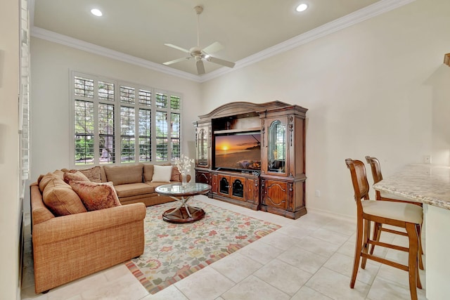 tiled living room featuring ceiling fan and crown molding