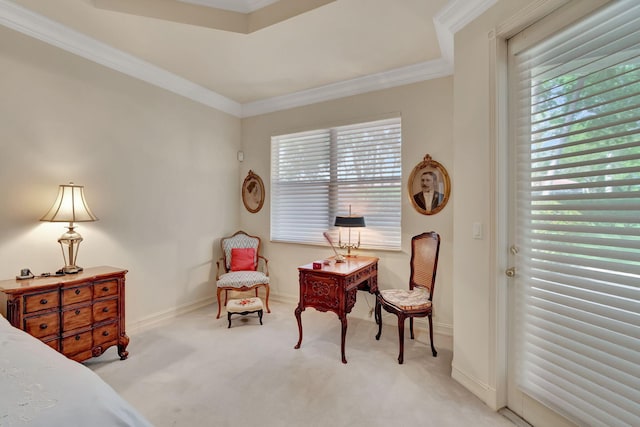 carpeted bedroom featuring crown molding