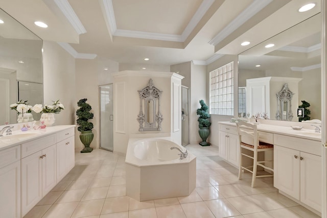 bathroom featuring tile patterned flooring, a raised ceiling, ornamental molding, and shower with separate bathtub