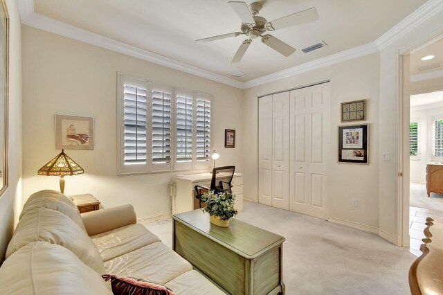 carpeted office with ceiling fan and ornamental molding