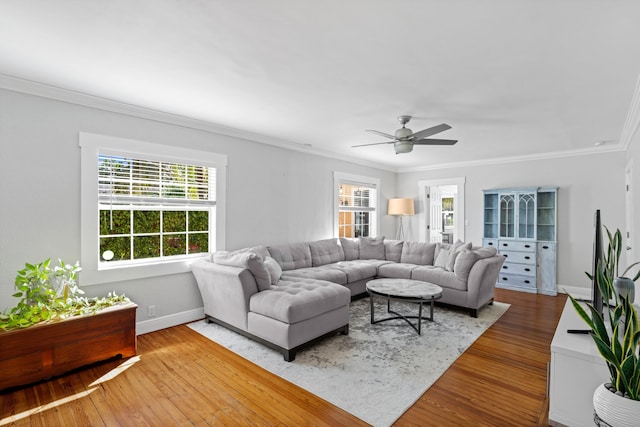 living room featuring hardwood / wood-style floors, a healthy amount of sunlight, and ornamental molding