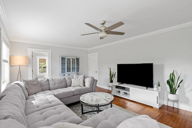 living room featuring hardwood / wood-style flooring, ceiling fan, and ornamental molding