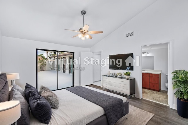 bedroom with dark wood-type flooring, connected bathroom, high vaulted ceiling, ceiling fan, and access to exterior