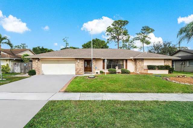 ranch-style home with a garage and a front lawn