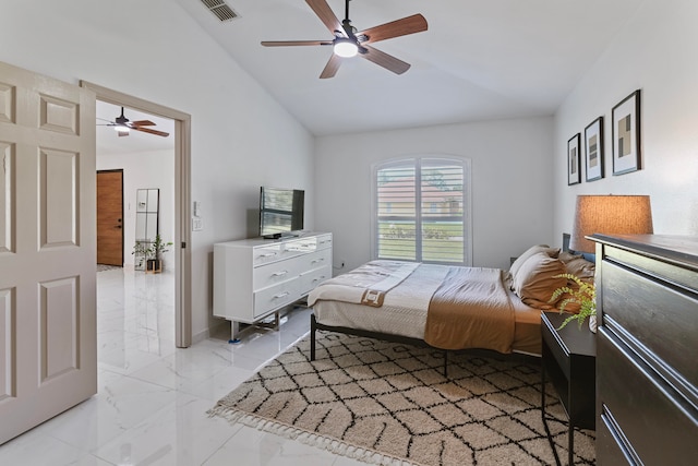 bedroom featuring vaulted ceiling and ceiling fan