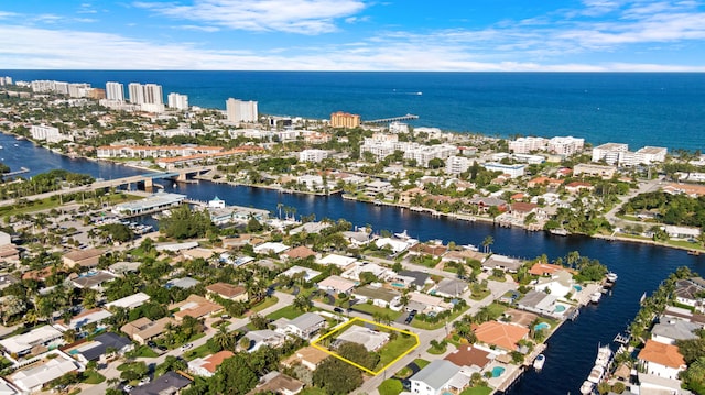 bird's eye view with a water view