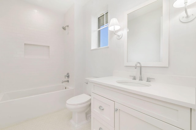 bathroom with toilet, shower / tub combination, and vanity