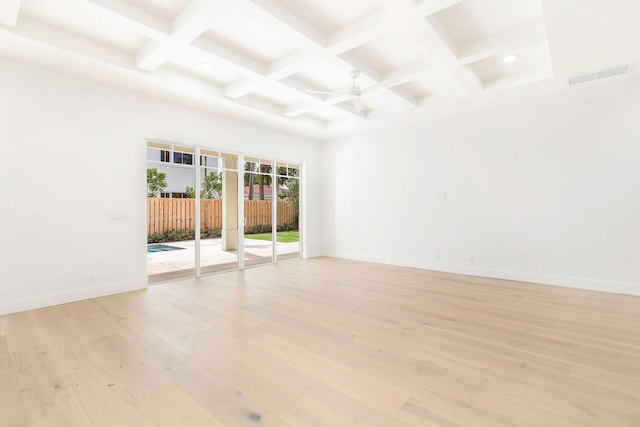 empty room with a ceiling fan, visible vents, beam ceiling, coffered ceiling, and light wood-style flooring