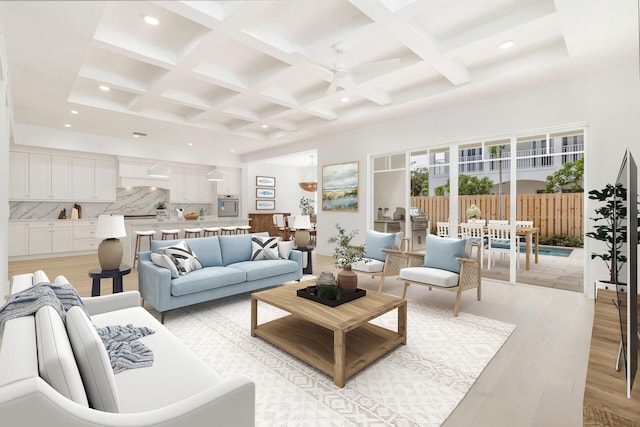 living room with beamed ceiling, coffered ceiling, and light wood-type flooring