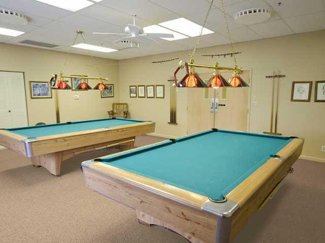 10915 Palm Lake Ave Unit 102, Boynton Beach, FL 33437 - playroom featuring carpet flooring, a drop ceiling, visible vents, a ceiling fan, and billiards