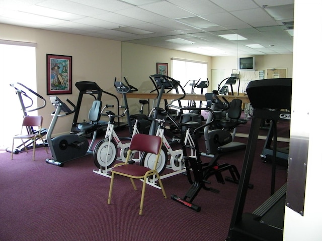 exercise room featuring a paneled ceiling