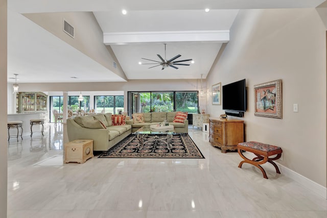 living room with beam ceiling, high vaulted ceiling, and ceiling fan