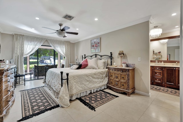 bedroom with crown molding, light tile patterned floors, ceiling fan with notable chandelier, and access to exterior