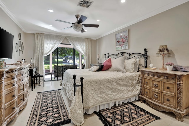 bedroom with ceiling fan, ornamental molding, light tile patterned floors, and access to exterior