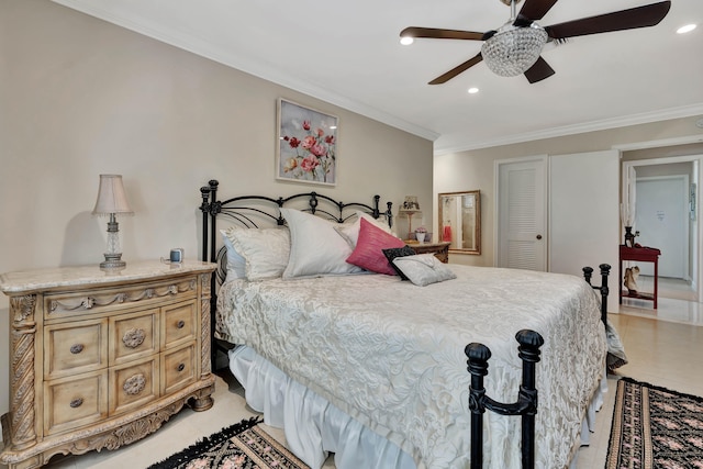 bedroom featuring a closet, ornamental molding, and ceiling fan