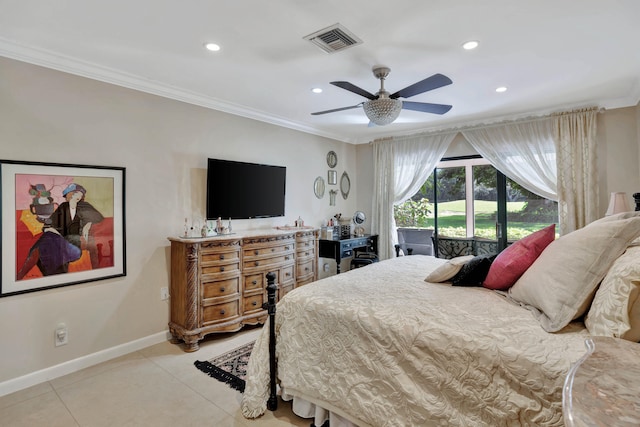 bedroom featuring crown molding, light tile patterned floors, and ceiling fan