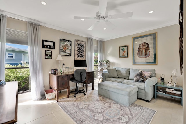 office area with crown molding, light tile patterned flooring, and ceiling fan