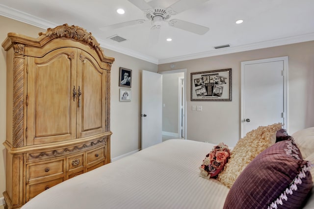 bedroom with ceiling fan and ornamental molding