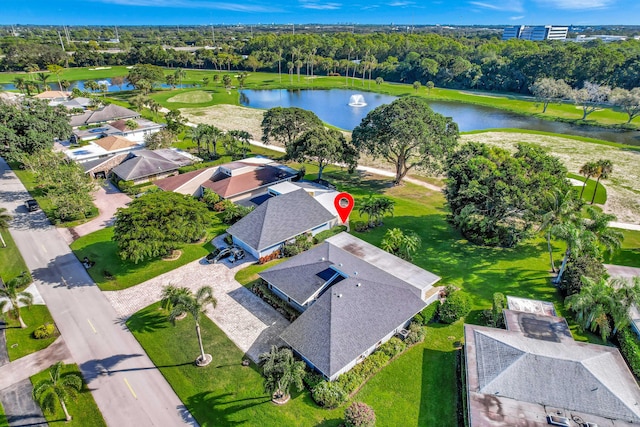 bird's eye view with a water view