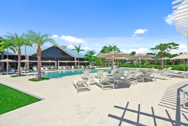 view of swimming pool featuring a patio