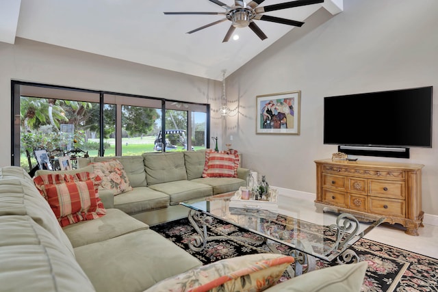 living room with tile patterned flooring, high vaulted ceiling, and ceiling fan