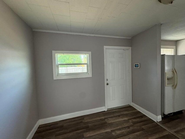 unfurnished room featuring ornamental molding and dark hardwood / wood-style flooring