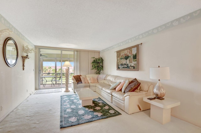 living room featuring a wall of windows, carpet flooring, and a textured ceiling