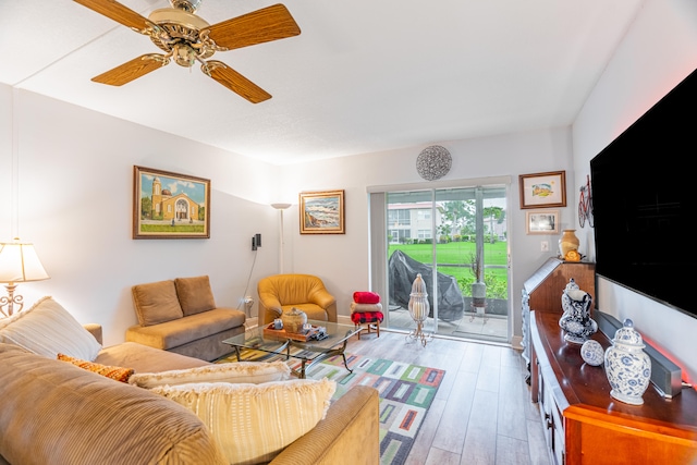 living room with ceiling fan and hardwood / wood-style floors