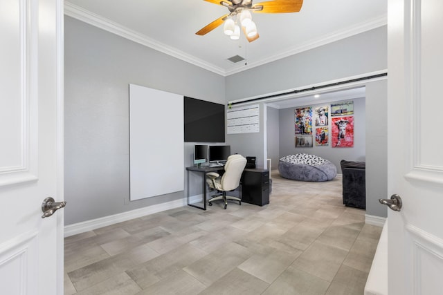 office with crown molding and ceiling fan