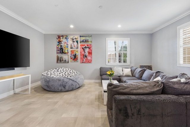 living room featuring crown molding and a wealth of natural light