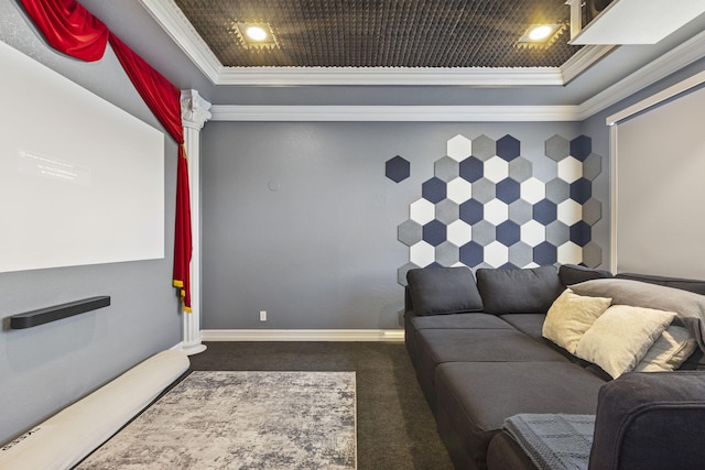 carpeted home theater with ornamental molding and a tray ceiling