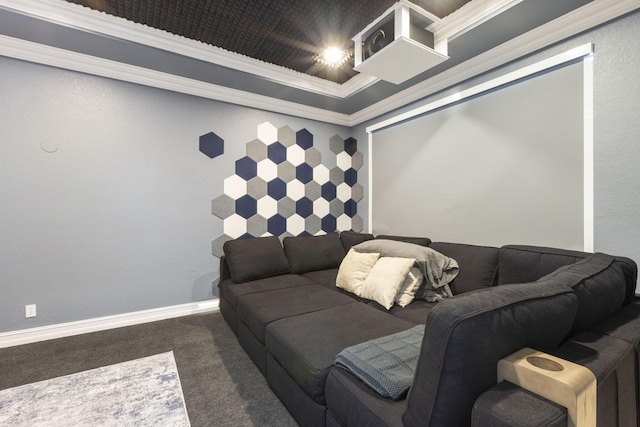 cinema room featuring crown molding, dark carpet, and a tray ceiling