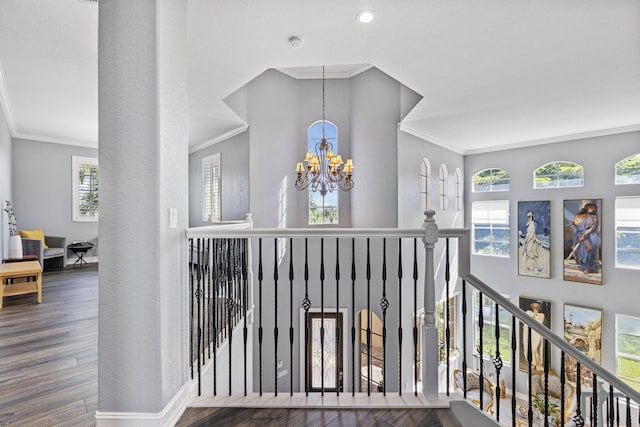 hall with an inviting chandelier, hardwood / wood-style flooring, crown molding, and a healthy amount of sunlight