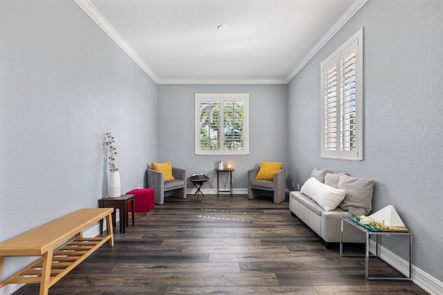 living area with ornamental molding and dark wood-type flooring