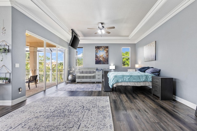 bedroom featuring access to outside, crown molding, dark hardwood / wood-style flooring, and ceiling fan