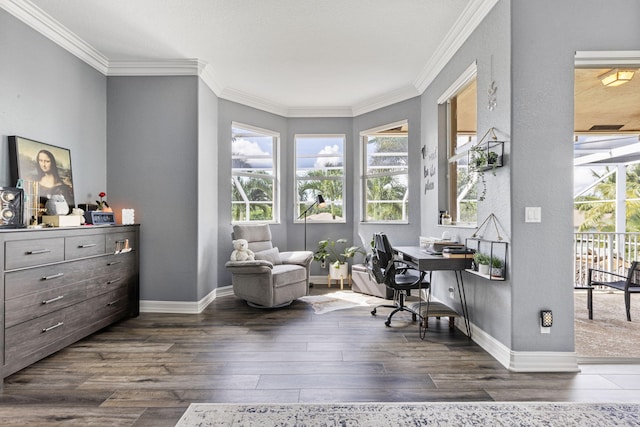 office area with dark hardwood / wood-style floors and crown molding