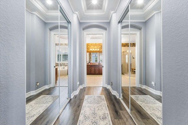 bathroom featuring wood-type flooring and ornamental molding