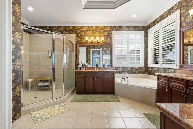 bathroom with shower with separate bathtub, vanity, crown molding, and tile patterned flooring