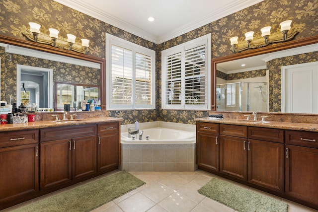 bathroom featuring vanity, plus walk in shower, crown molding, and tile patterned floors