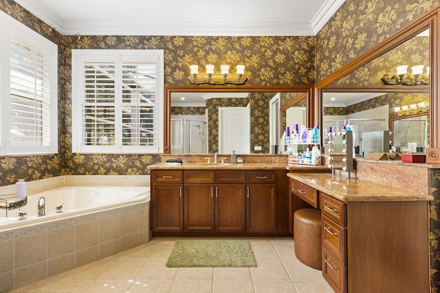 bathroom with vanity, plus walk in shower, ornamental molding, and tile patterned floors