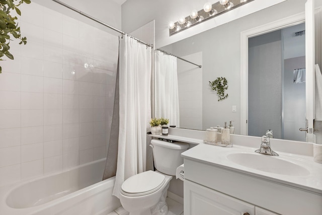 full bathroom with vanity, shower / tub combo with curtain, and toilet