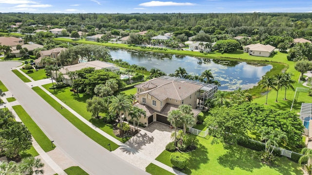 drone / aerial view with a water view