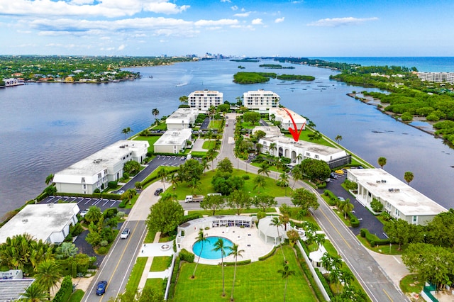 aerial view featuring a water view