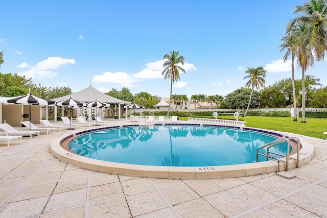 view of swimming pool featuring a patio area and a lawn