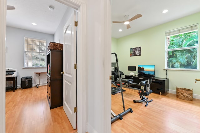 exercise area with ceiling fan and light hardwood / wood-style floors