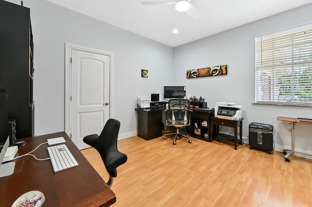 office space with ceiling fan and wood-type flooring