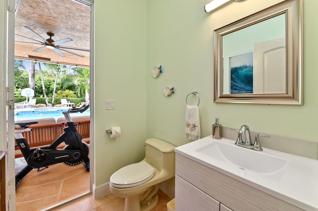 bathroom with tile patterned flooring, ceiling fan, toilet, and vanity